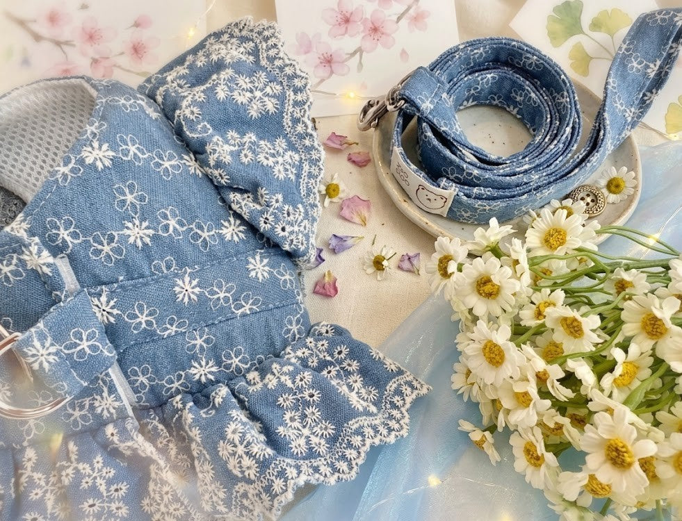 【仲夏繁花系列】法式立體刺繡飛飛袖胸帶裙 (連同色牽繩)