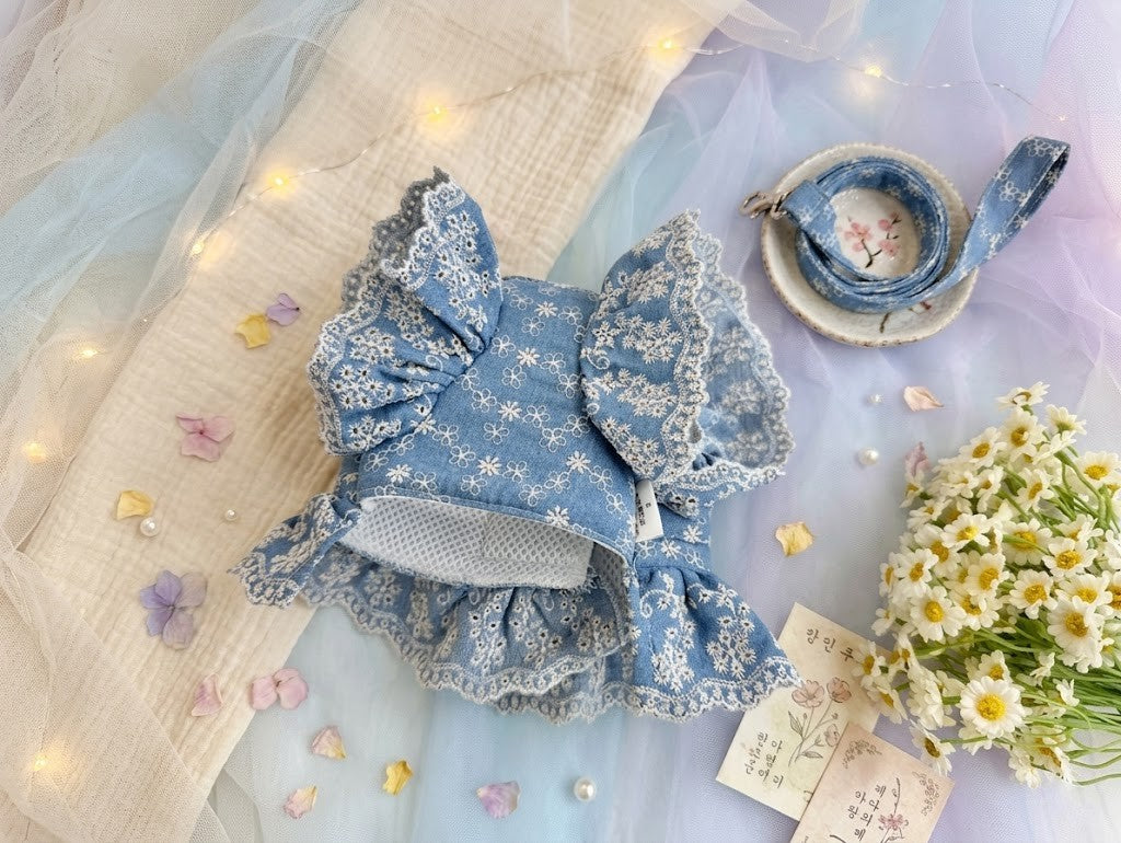 【仲夏繁花系列】法式立體刺繡飛飛袖胸帶裙 (連同色牽繩)